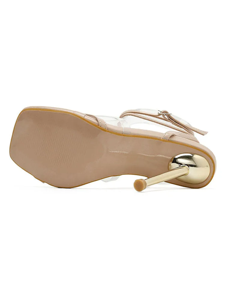 Amozae-Square Toe Ankle Strap Metallic Heels