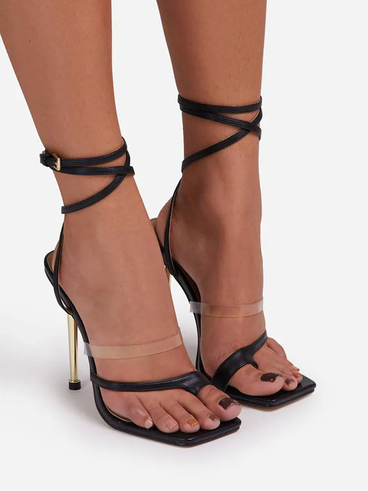 Amozae-Square Toe Ankle Strap Metallic Heels