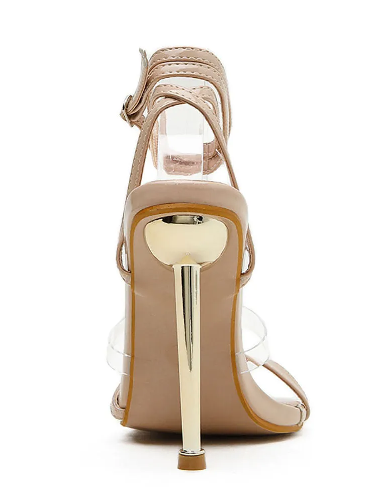 Amozae-Square Toe Ankle Strap Metallic Heels