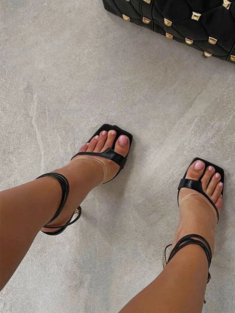 Amozae-Square Toe Ankle Strap Metallic Heels