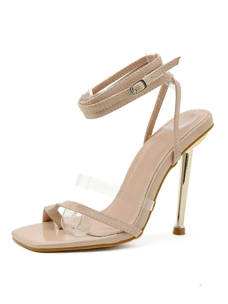 Amozae-Square Toe Ankle Strap Metallic Heels