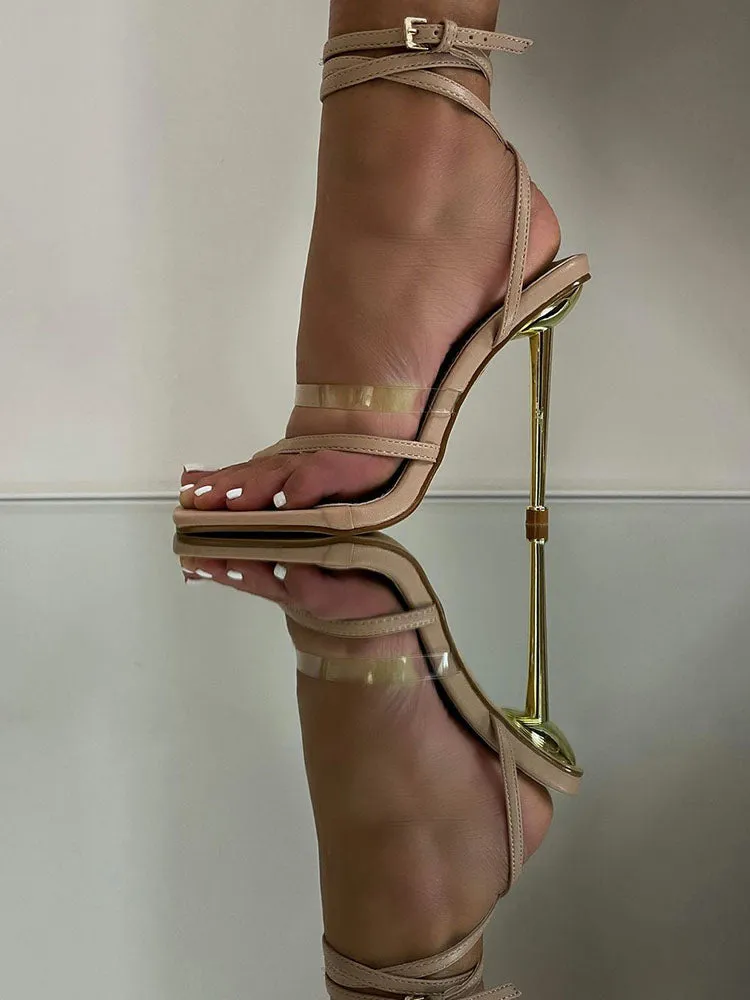 Amozae-Square Toe Ankle Strap Metallic Heels