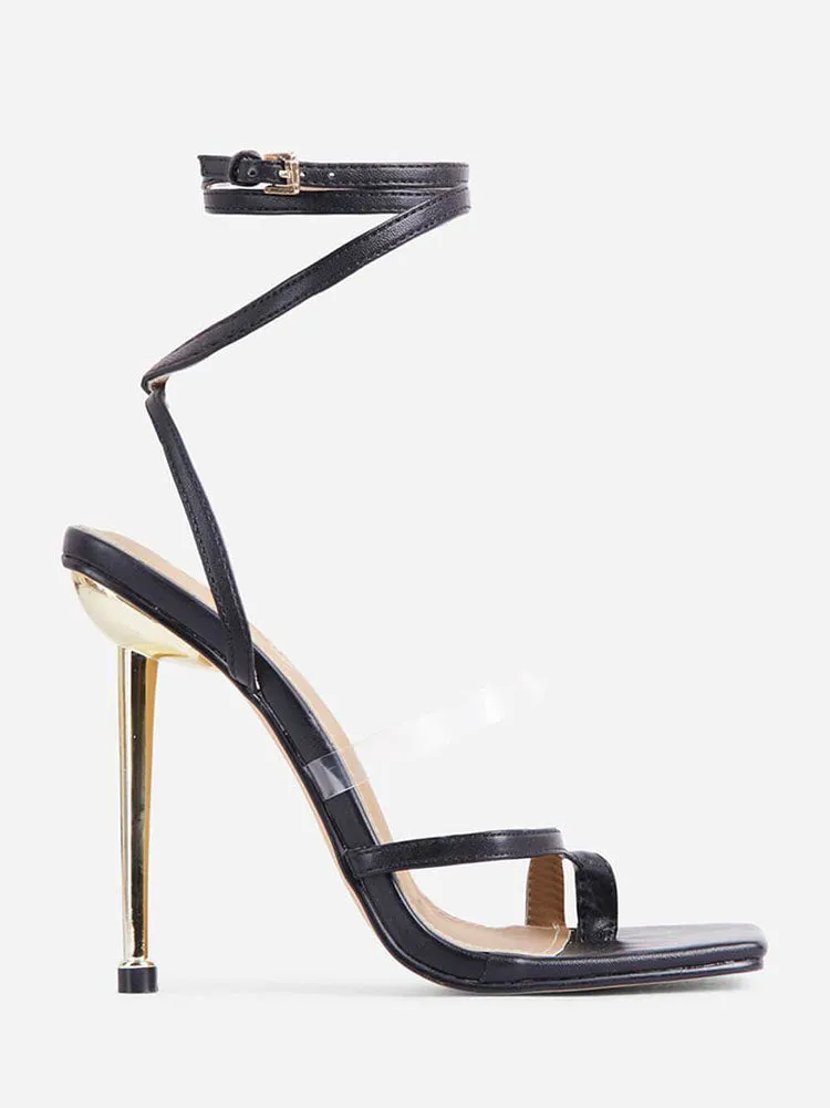 Amozae-Square Toe Ankle Strap Metallic Heels