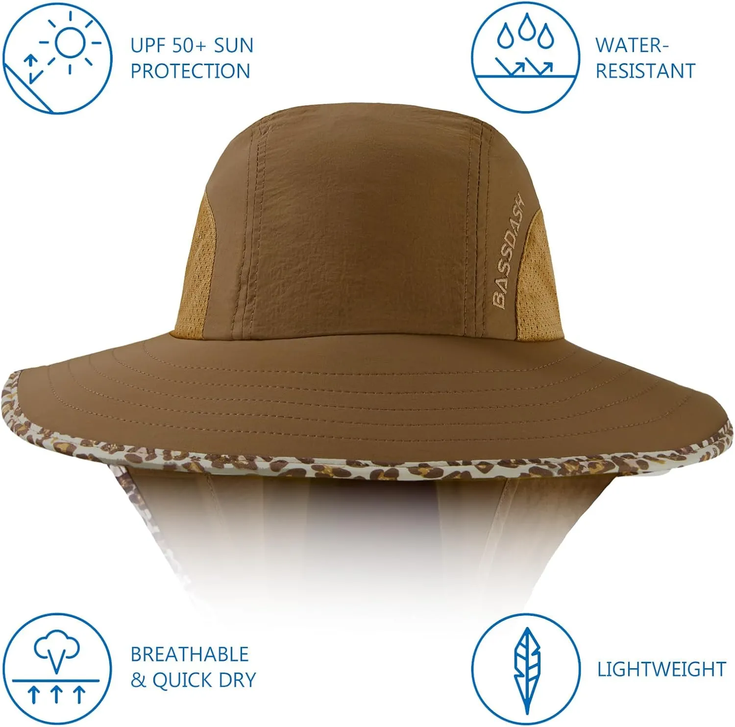 BASSDASH UPF 50  Unisex Water Resistant Wide Brim Sun Hat with Large Neck Flap Ponytail Fishing Hat for Men Women