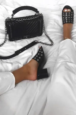 Black Eyelet PU Heeled Mules - Anori