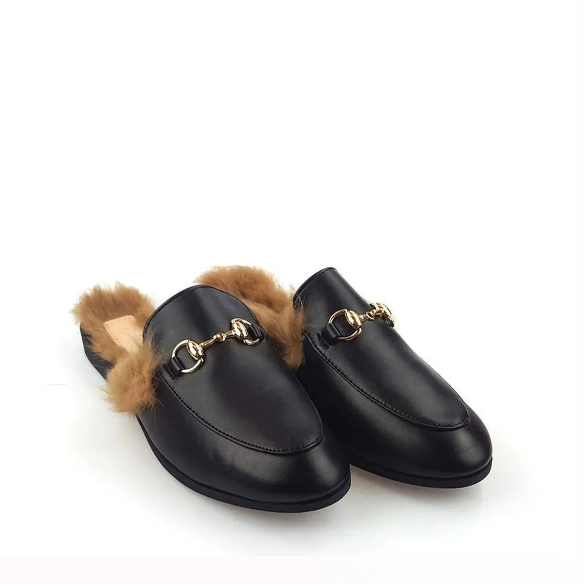 Cherri Fur Mule Gold Trim
