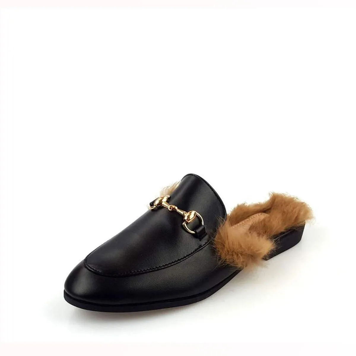 Cherri Fur Mule Gold Trim