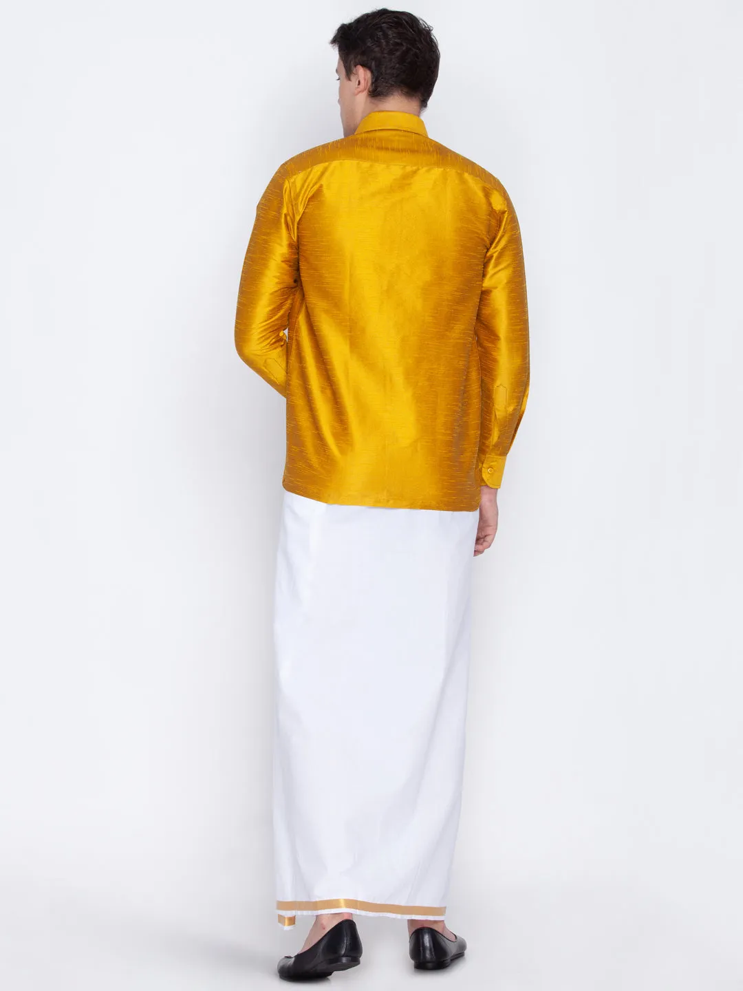Jashvi Men's Yellow Cotton Silk Blend Shirt and Mundu Set