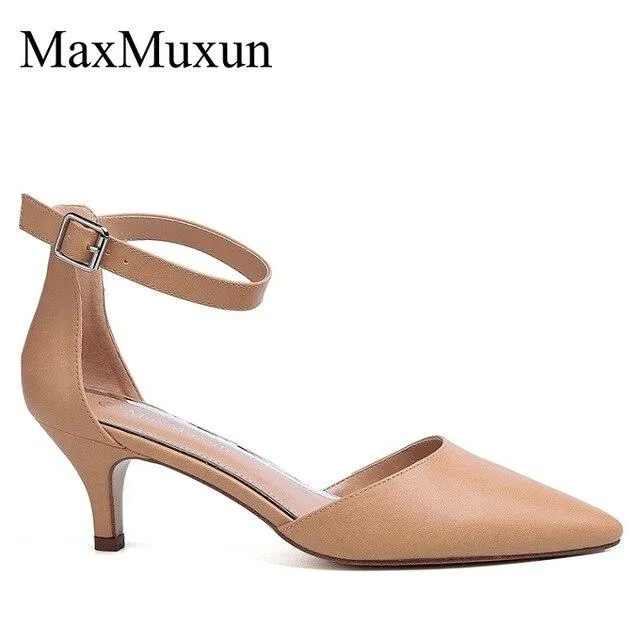 MaxMuxun Women Mid Heels Sandals Point Toe Buckle Ankle Strap Pumps  Female Wedding Dress Summer Shoes