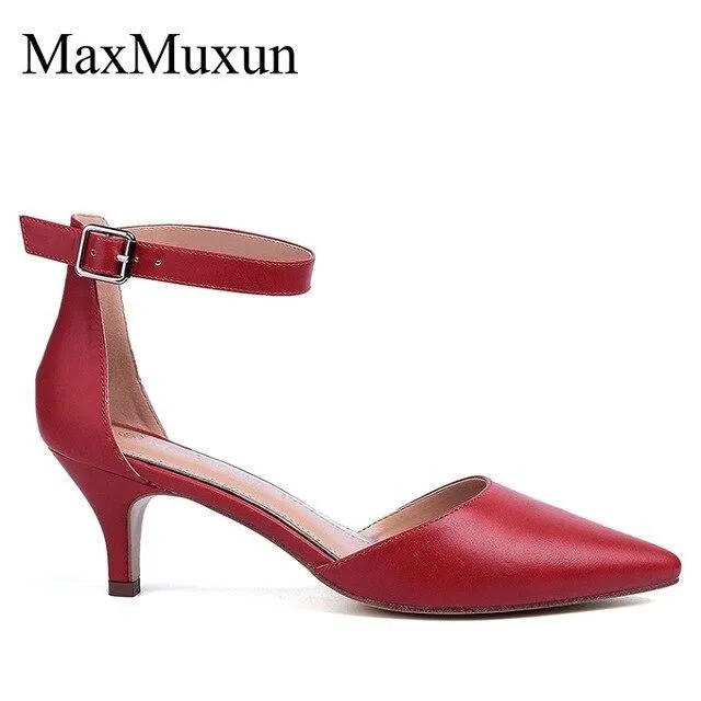 MaxMuxun Women Mid Heels Sandals Point Toe Buckle Ankle Strap Pumps  Female Wedding Dress Summer Shoes