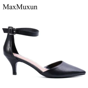 MaxMuxun Women Mid Heels Sandals Point Toe Buckle Ankle Strap Pumps  Female Wedding Dress Summer Shoes