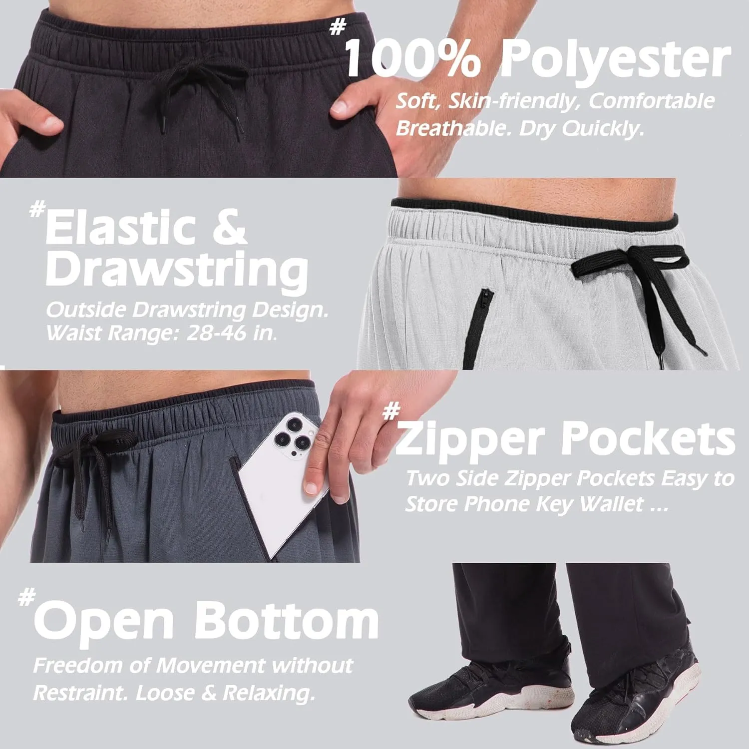 Mens Sweatpants with Zipper Pockets Open Bottom Athletic Pants for Workout,Running,Training,Jogging,Gym