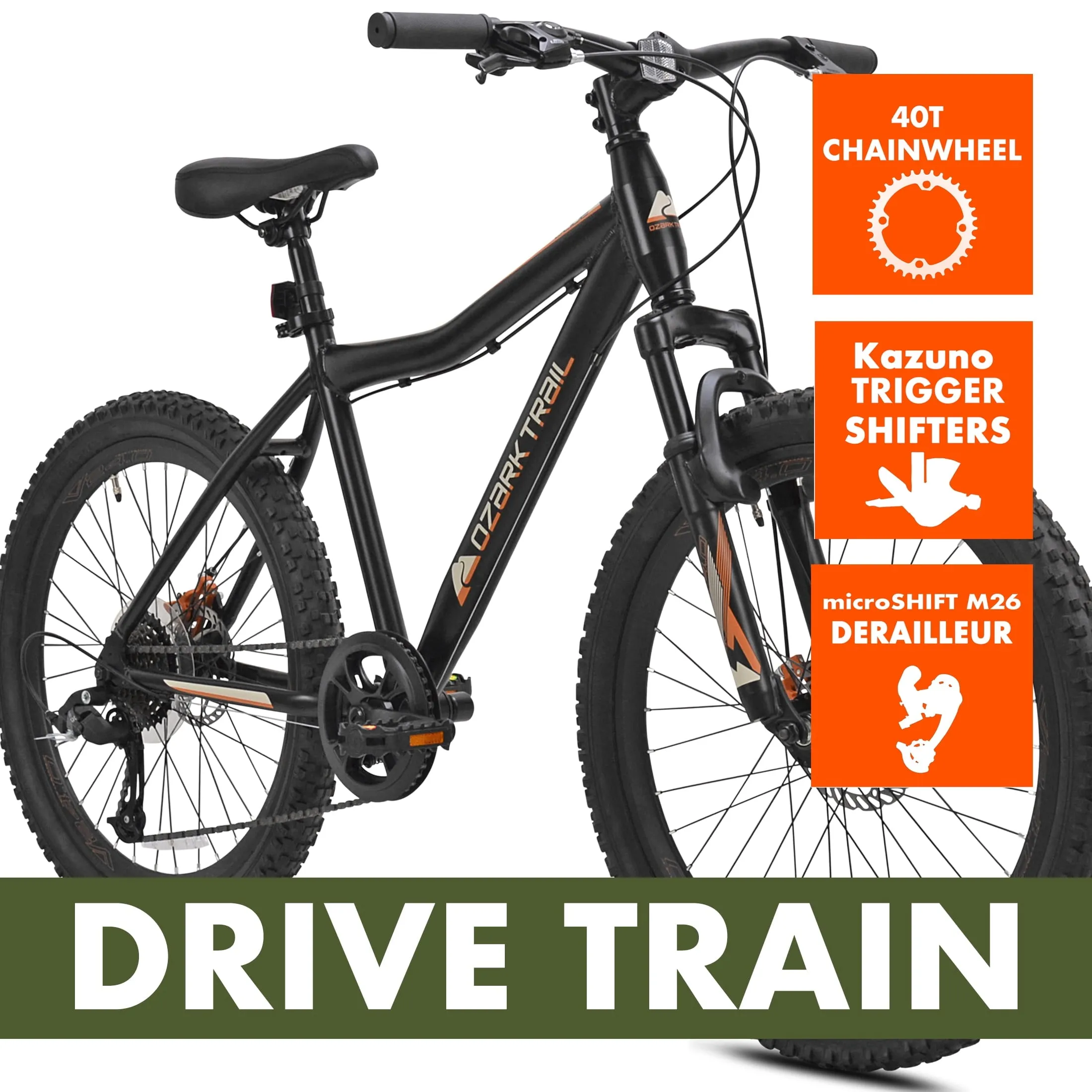 Ozark Trail Glide Mountain Bike, 24" Wheels, 8 Speed, Black, Fits Riders 4'6" - 5'6", Teen