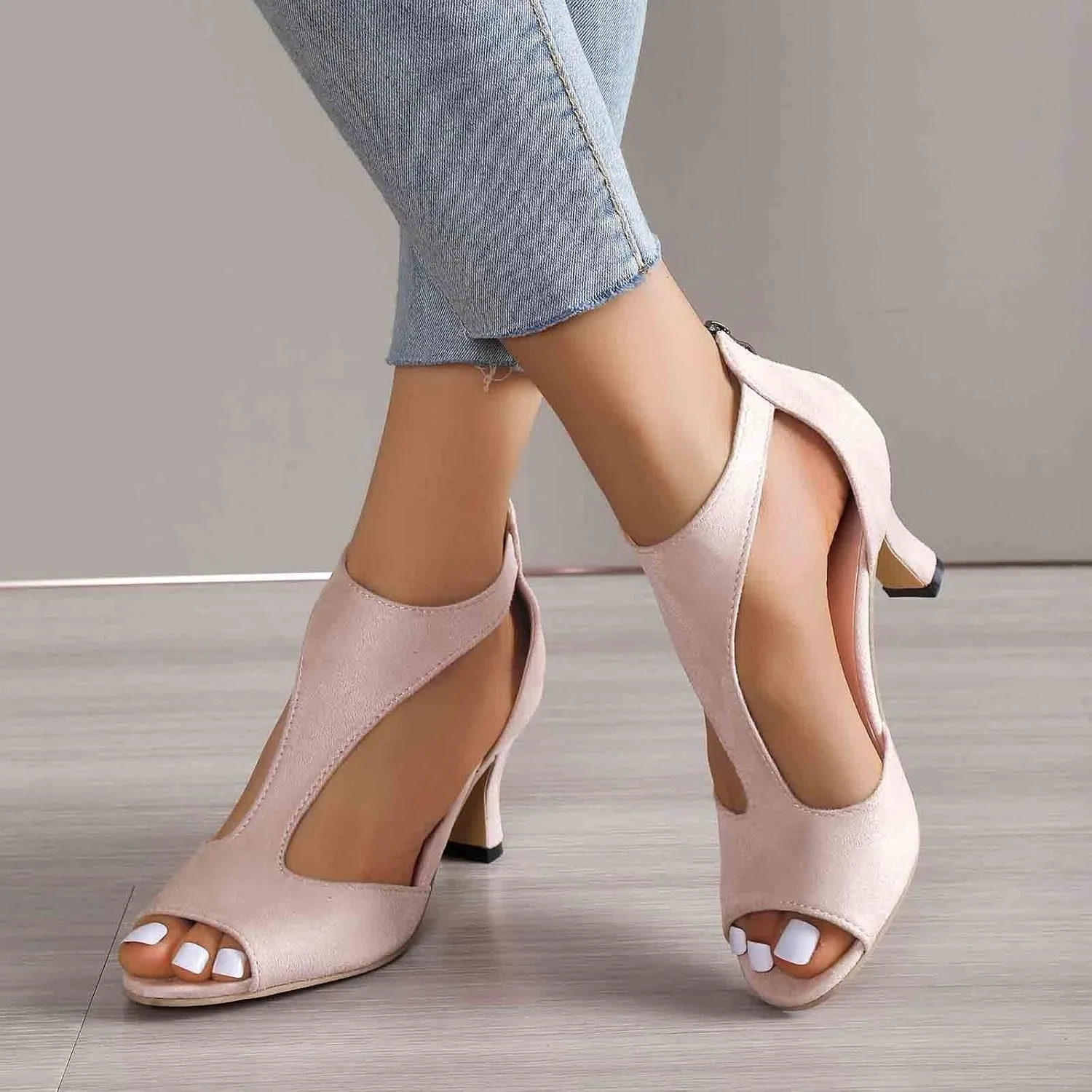 Summer Sandals for Women Open Toe Stiletto Heels T-Strap Dress Shoes Cutout Low Kitten Heeled Back Zip Retro Pumps