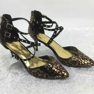 Thalia & Sodi Women Size 11 Black/gold man-made ankle strap Heels
