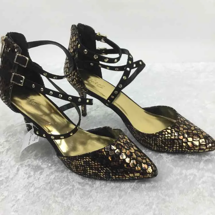 Thalia & Sodi Women Size 11 Black/gold man-made ankle strap Heels