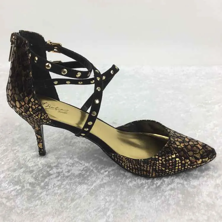 Thalia & Sodi Women Size 11 Black/gold man-made ankle strap Heels