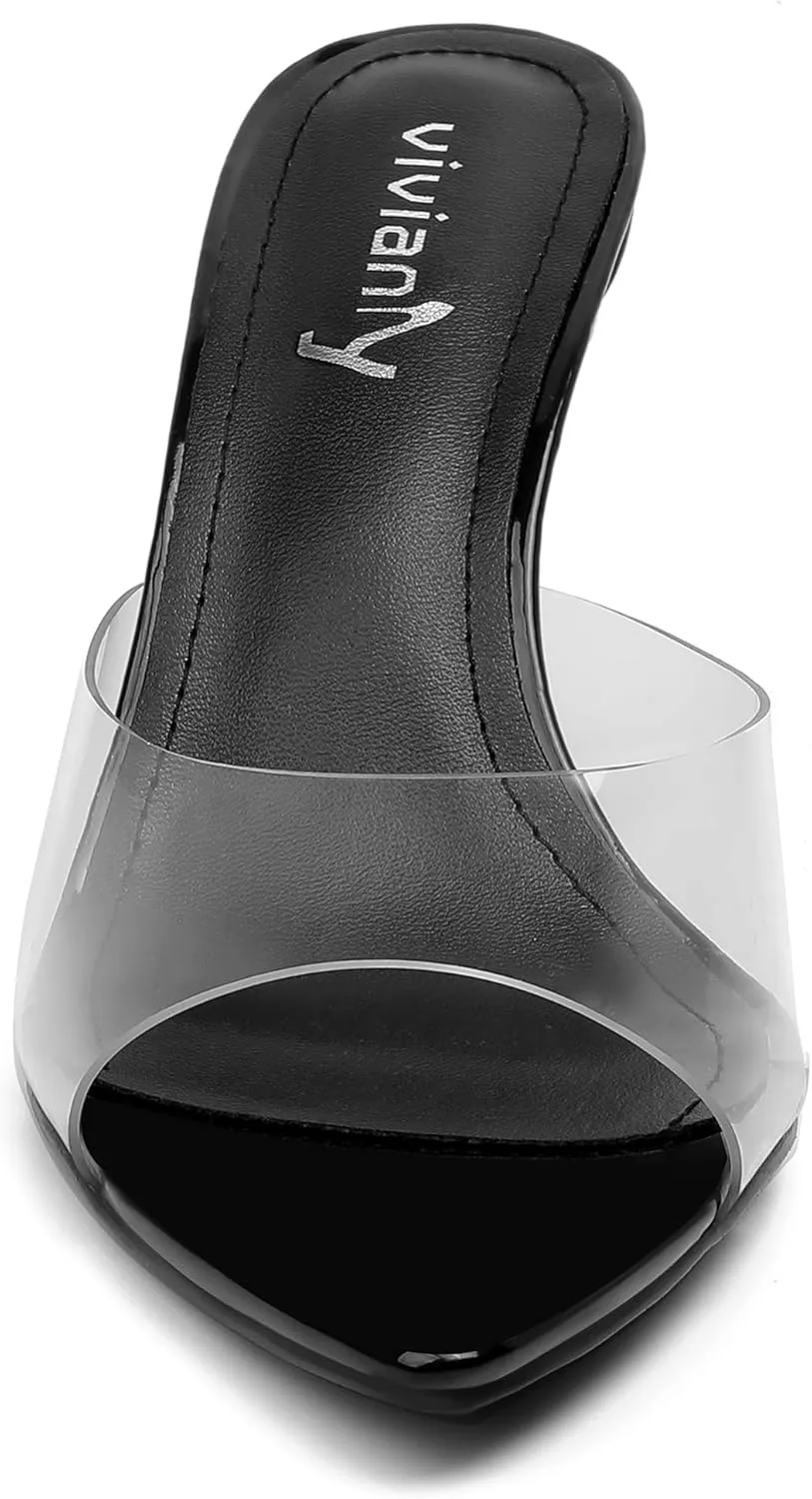 vivianly Clear Pointed Toe Heels Sandals Transparent Strap Stiletto High Heels Slip on Mules for Women