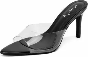 vivianly Clear Pointed Toe Heels Sandals Transparent Strap Stiletto High Heels Slip on Mules for Women